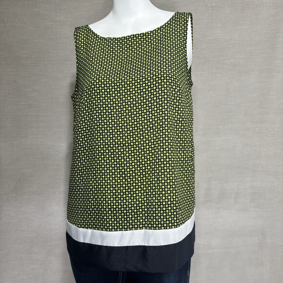 LOFT Women's Top Blouse Navy Blue Lime Green Tie Back Geometric XS - Picture 1 of 7